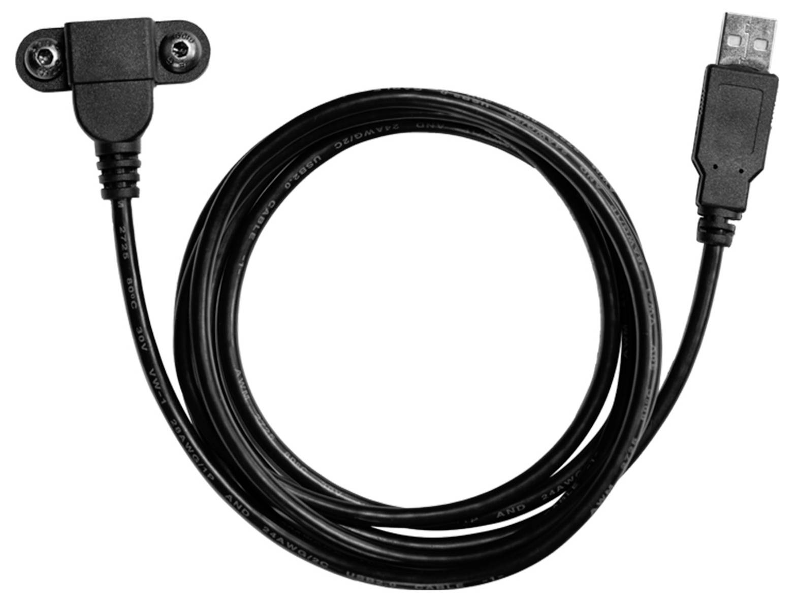 Câble de recharge USB noir avec un connecteur 2 broches à encliquetage à une extrémité et une prise USB-A à l'autre extrémité, enroulé sur un fond blanc.