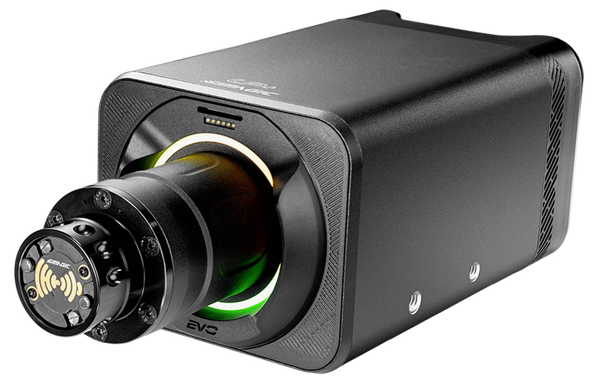 Module capteur de caméra EVS noir avec un grand objectif avant et un anneau illuminé, présenté en vue trois-quarts sur un fond blanc.