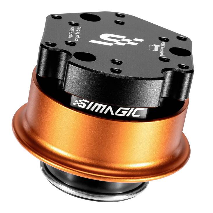Appareil ou adaptateur SIMAGIC noir et orange avec trous de montage, présenté sur un fond blanc.