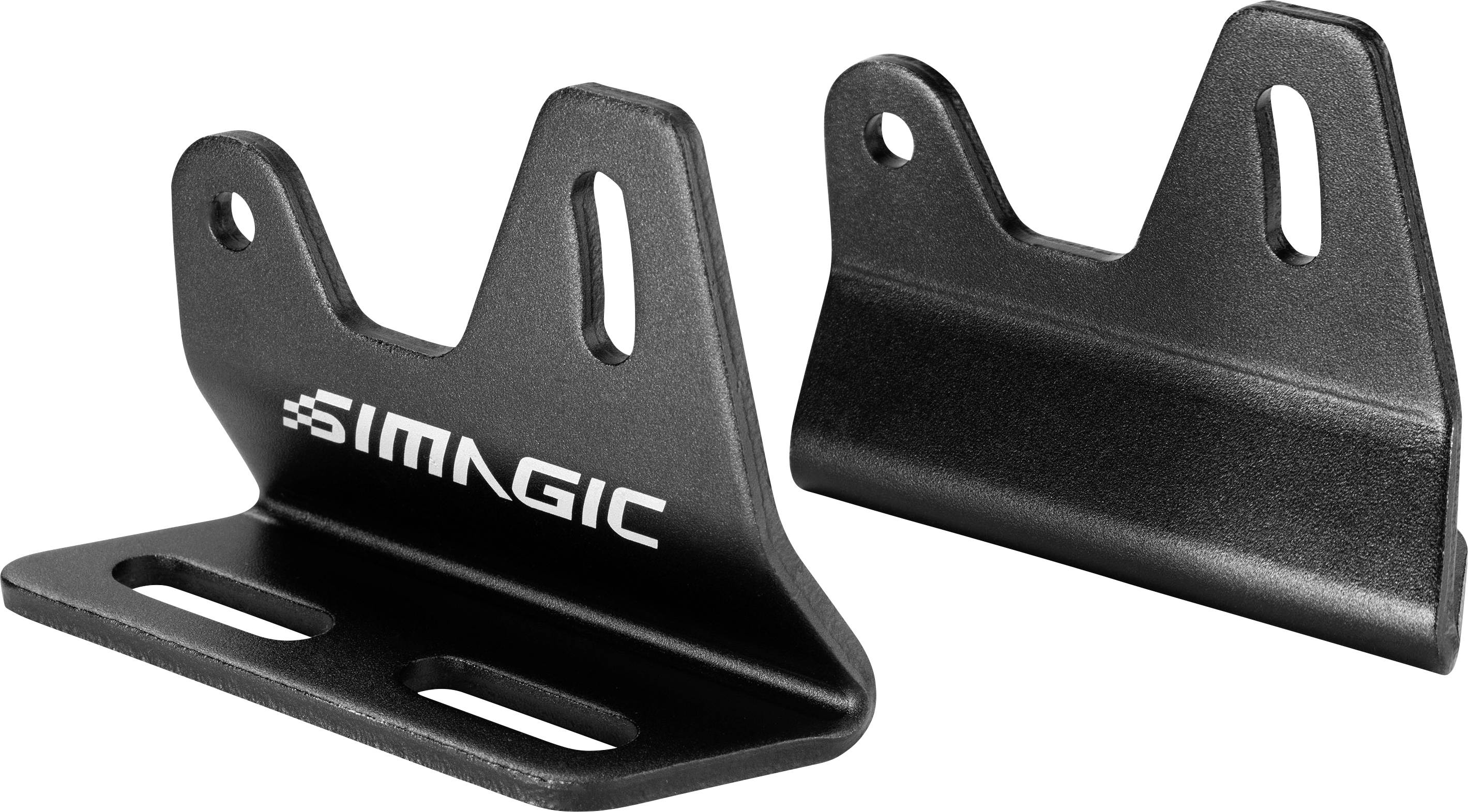 Des supports de montage noirs en métal avec des trous oblongs et le logo « SIMAGIC », présentés en vues de face et de profil sur fond blanc.