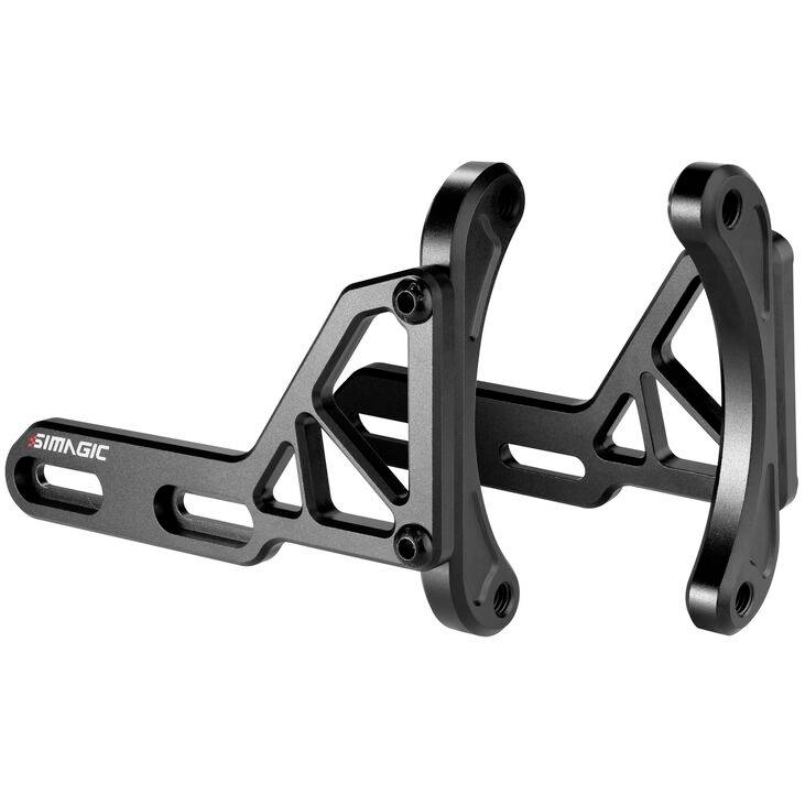Support de montage en métal Simagic noir avec deux plaques latérales verticales et un bras ajustable, présenté sur un fond blanc.