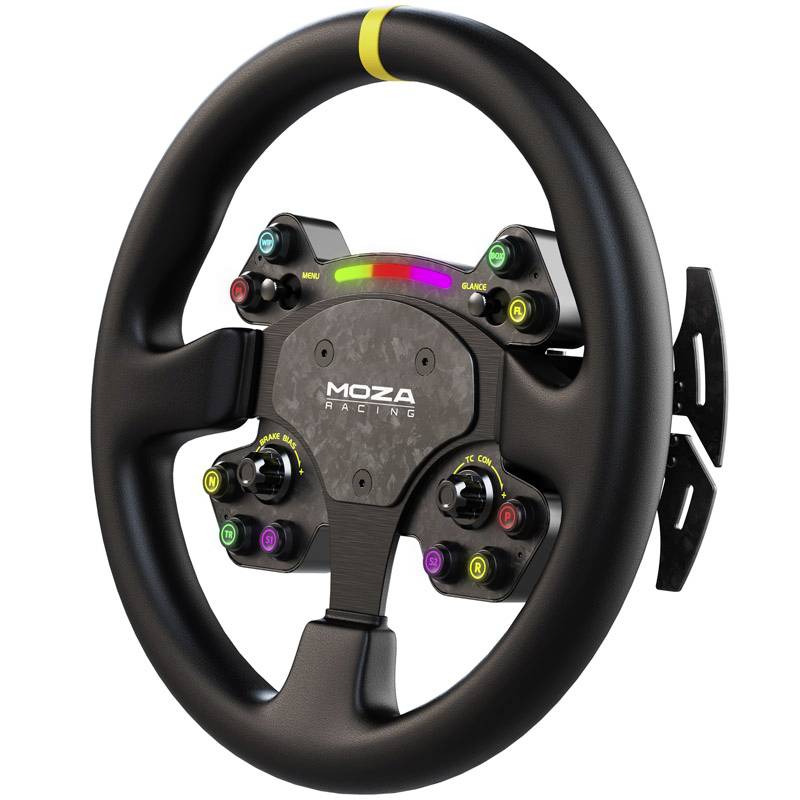 Contrôleur de volant de course MOZA noir avec boutons colorés et palettes de changement de vitesse, présenté sur fond blanc.