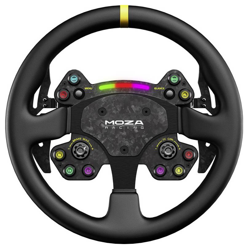 Volant de course MOZA avec jante ronde et plusieurs boutons colorés, cadrans et indicateurs de changement de vitesse pour un simulateur de course automobile.