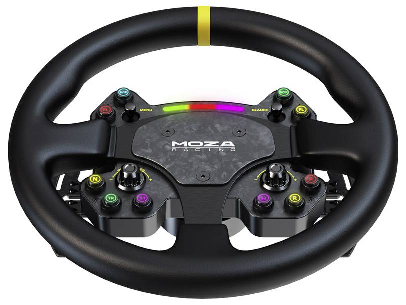Contrôleur de volant de course MOZA Racing noir avec plusieurs boutons de couleurs différentes, boutons rotatifs et voyants de changement de vitesse pour un simulateur de course.