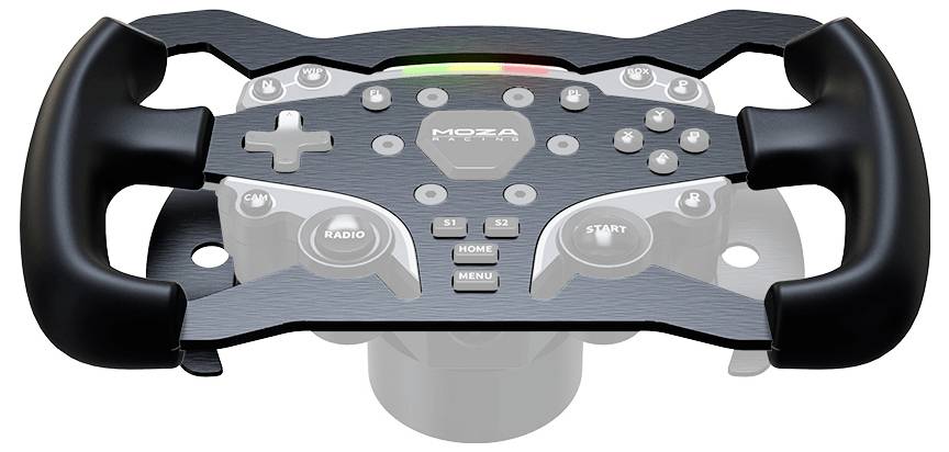 Front view of a racing game steering wheel controller with paddle shifters, buttons, and central display panel.