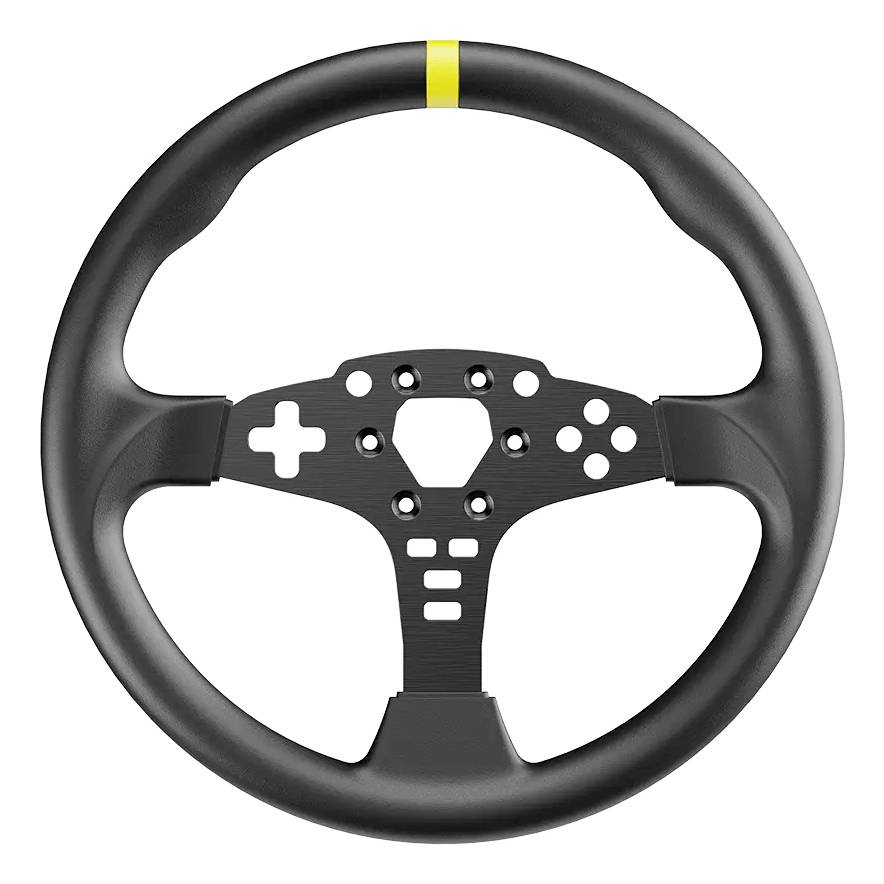 Volant de course noir avec marqueur central jaune et rayons ajourés, présenté de face sur un fond blanc.