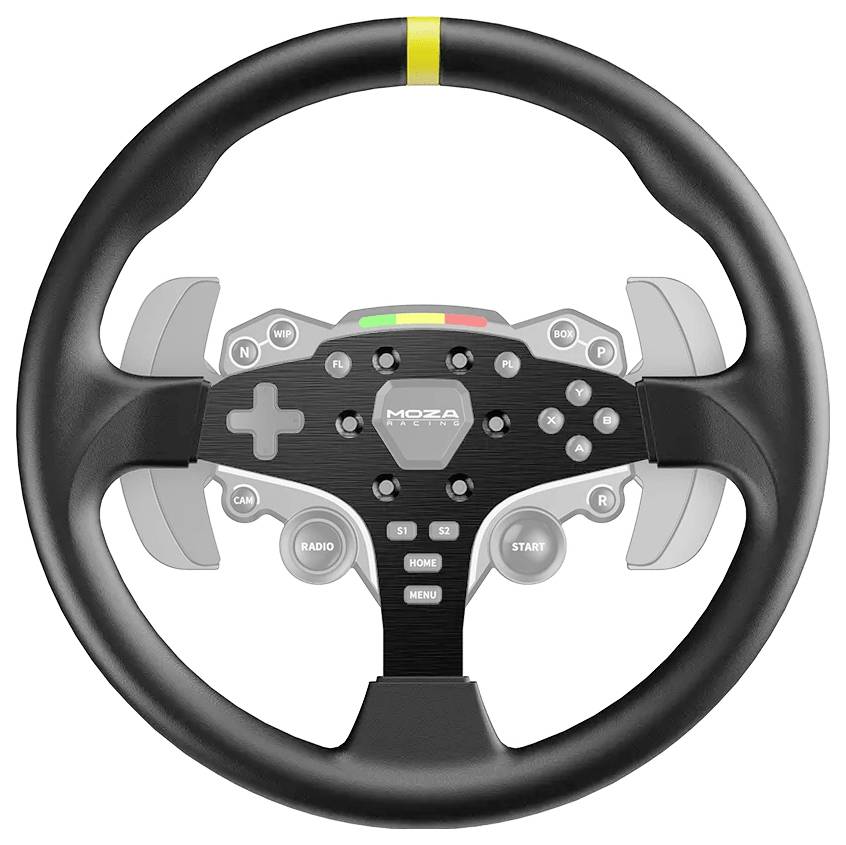 MOZA Racing Lenkrad-Controller mit mehreren Tasten, Schaltwippen und zentralem Logo auf weißem Hintergrund.