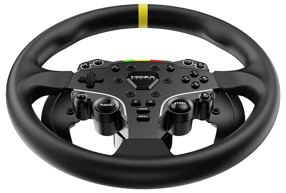 Black racing-style steering wheel with game controller buttons and labeled controls on a white background.