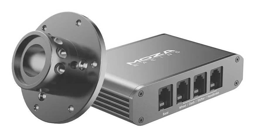 Module d'interface électronique industriel avec bride de montage circulaire et quatre ports réseau étiquetés « Base », « Roues », « Tableau de bord », « Levier de vitesses » et « Frein à main ».