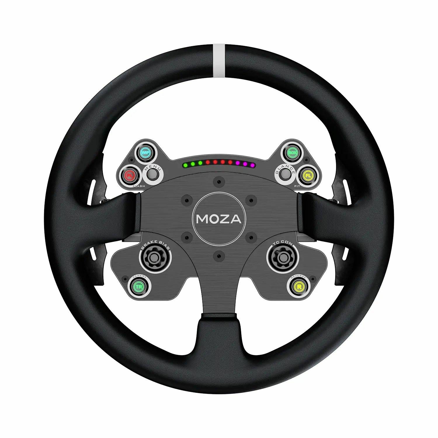 Volant de course MOZA avec plusieurs boutons de contrôle et voyants de changement de vitesse sur un volant circulaire noir.