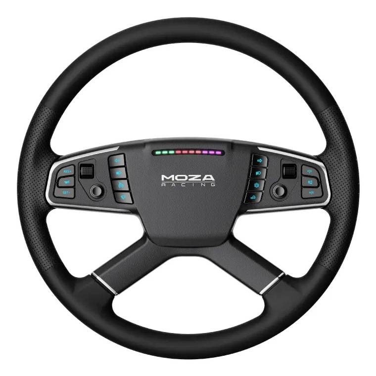 Volant de course MOZA avec poignée, boutons de commande et voyants LED de changement de rapport colorés centrés sur un fond blanc.