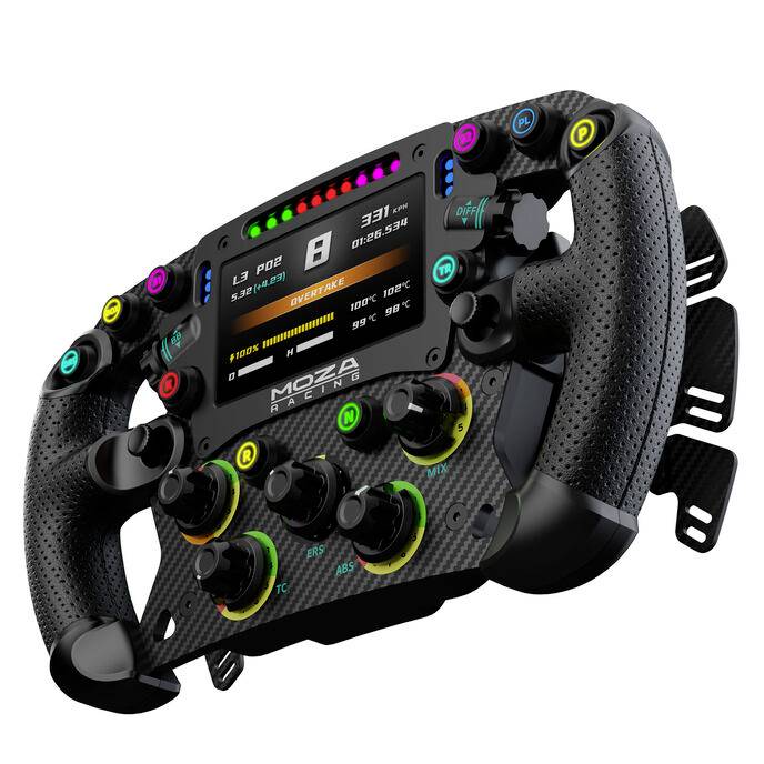 Contrôleur de volant de course en fibre de carbone avec plusieurs boutons de couleurs différentes, des cadrans rotatifs et un affichage numérique central étiqueté « MOZA RACING ».