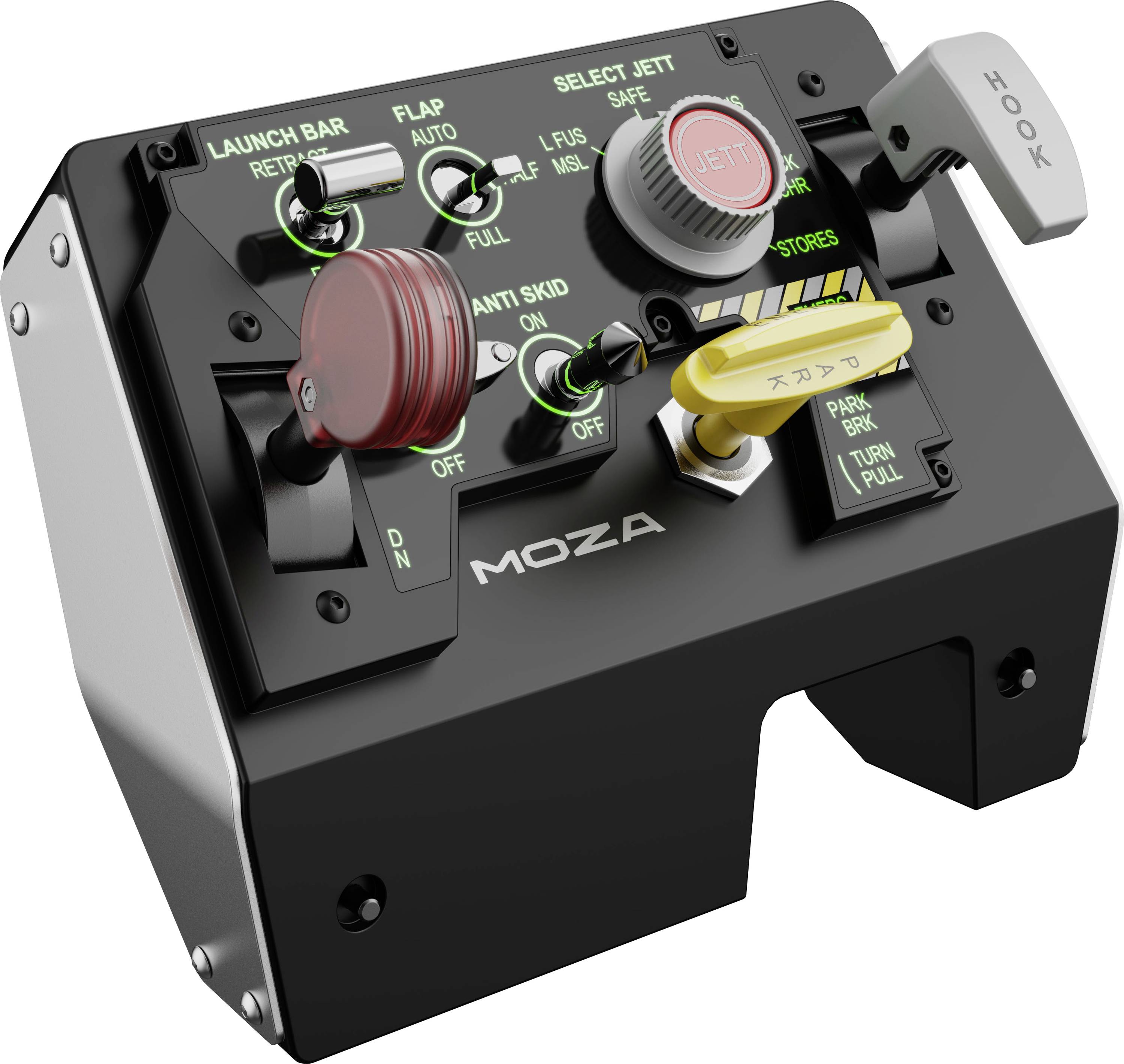 Panneau de commande de style aéronautique MOZA avec boutons rotatifs, commutateurs à bascule, bouton rouge de style urgence, et un levier de crochet gris étiqueté 'HOOK'.