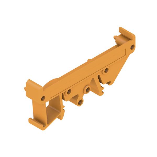 Support ou rail de montage en plastique 3D orange avec trous et clips, isolé sur fond blanc.