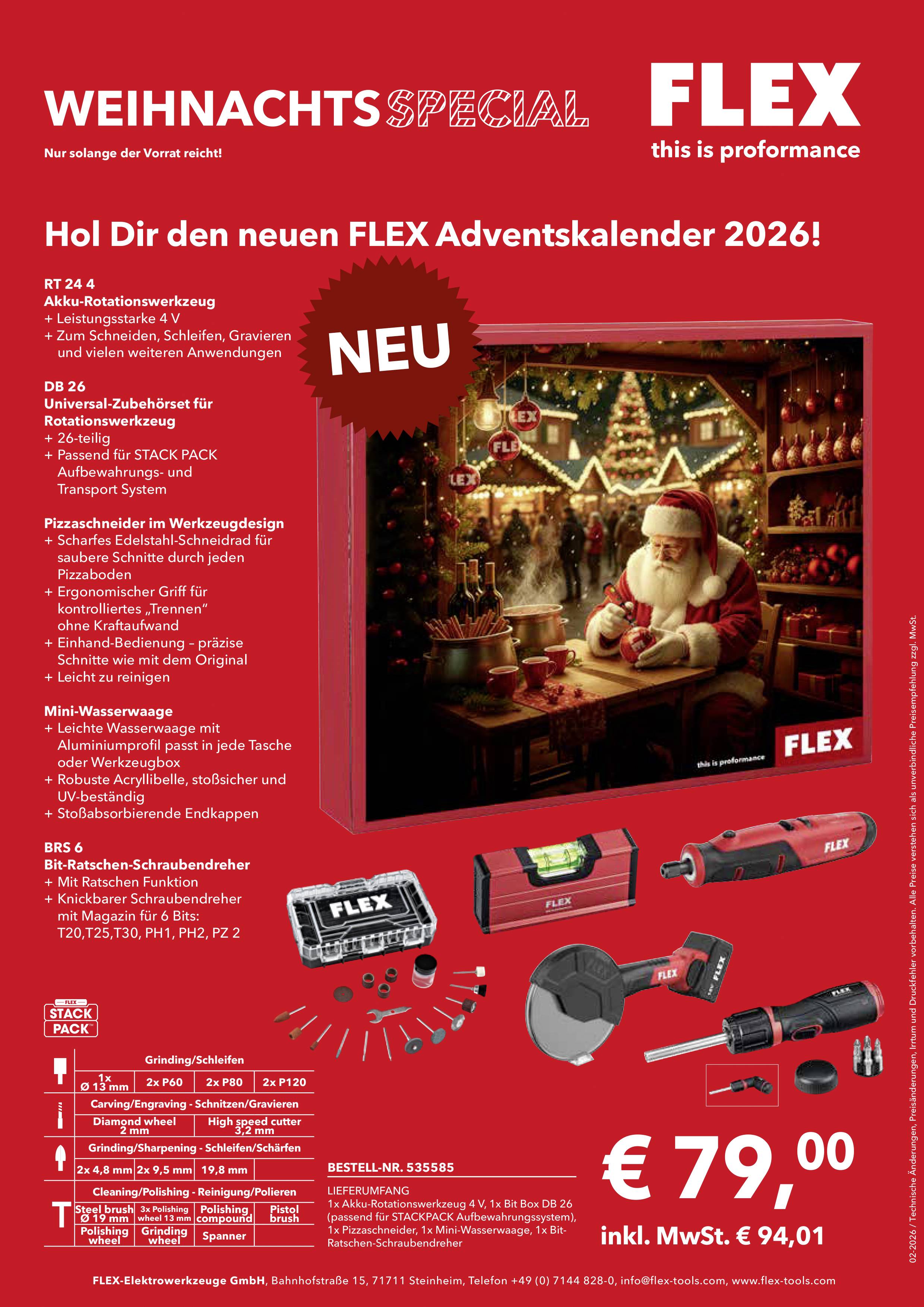 Affiche publicitaire pour le FLEX Calendrier de l'Avent Spécial Noël 2026 avec outils, motif du Père Noël et indication de prix 79,00 € TTC 94,01 €
