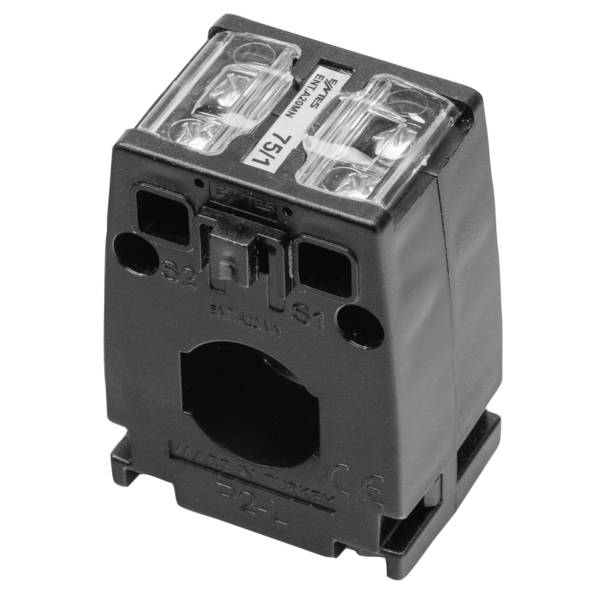 Black electrical current transformer with clear terminal cover and labeled ports, shown in a product-style view on a white background.