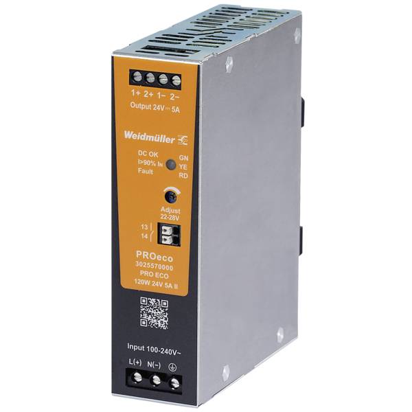 Weidmüller PROeco DIN-rail power supply module, labeled Output 24V 5A and Input 100-240V AC, with adjustment and status indicators.