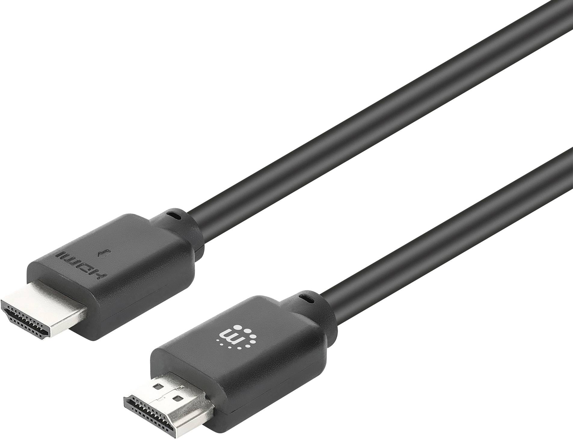 Deux câbles HDMI noirs avec des connecteurs mâles sur un fond blanc, montrant les deux extrémités du câble.