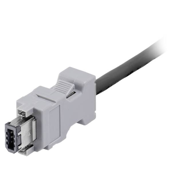 Close-up of a gray rectangular industrial cable connector attached to a black cable on a white background.