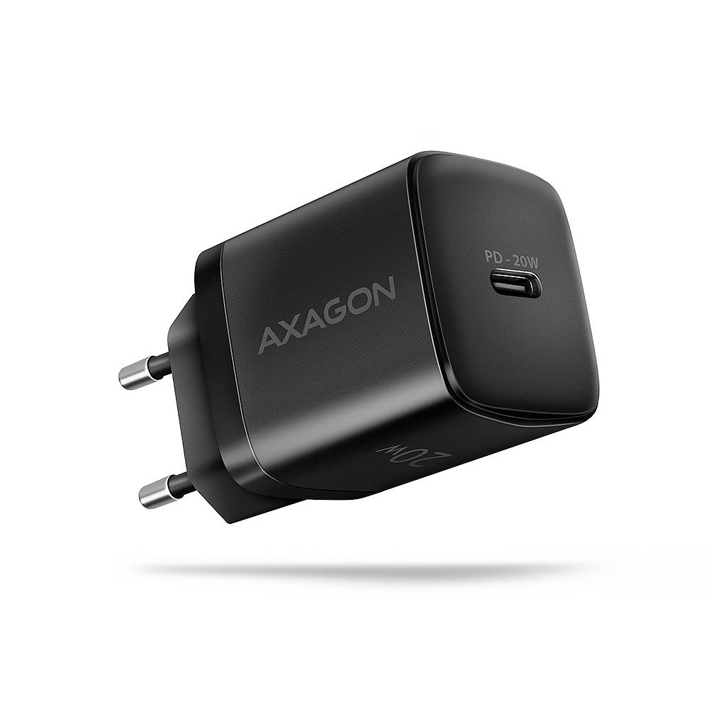 Chargeur mural AXAGON noir avec deux broches de prise EU rondes et un port USB-C étiqueté « PD 20W »