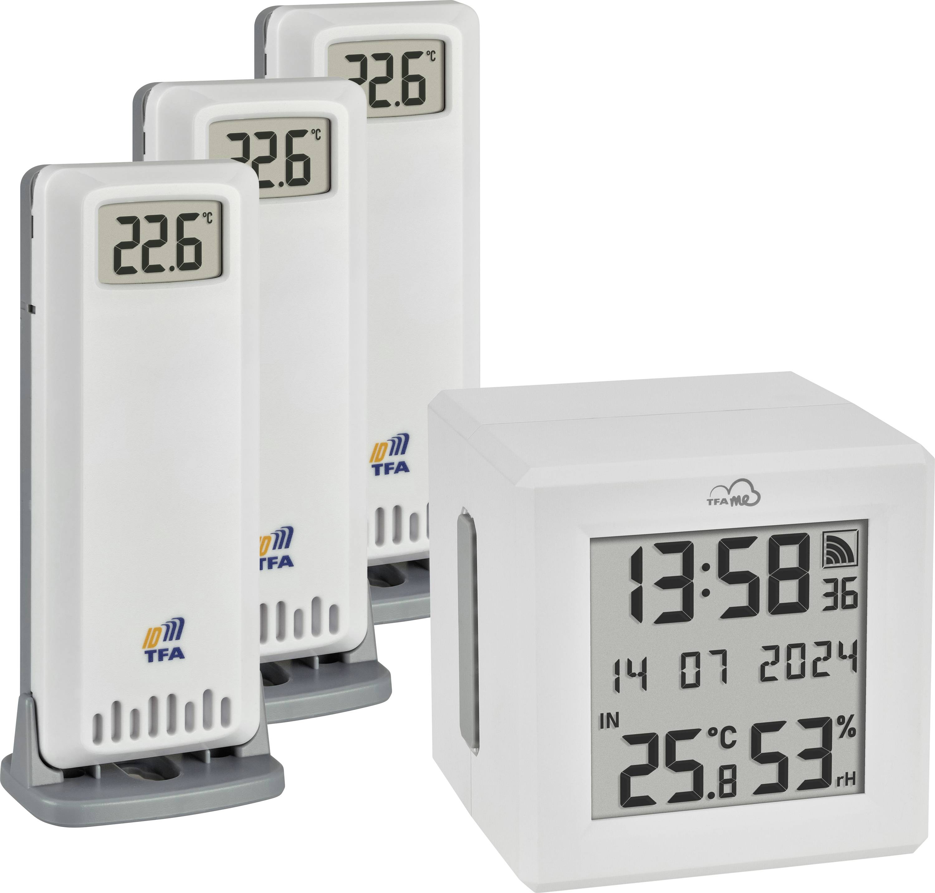 Station météorologique sans fil avec trois capteurs de température et un écran de base affichant 13:58, 14 07 2024, 25,8°C et 53% d'humidité.