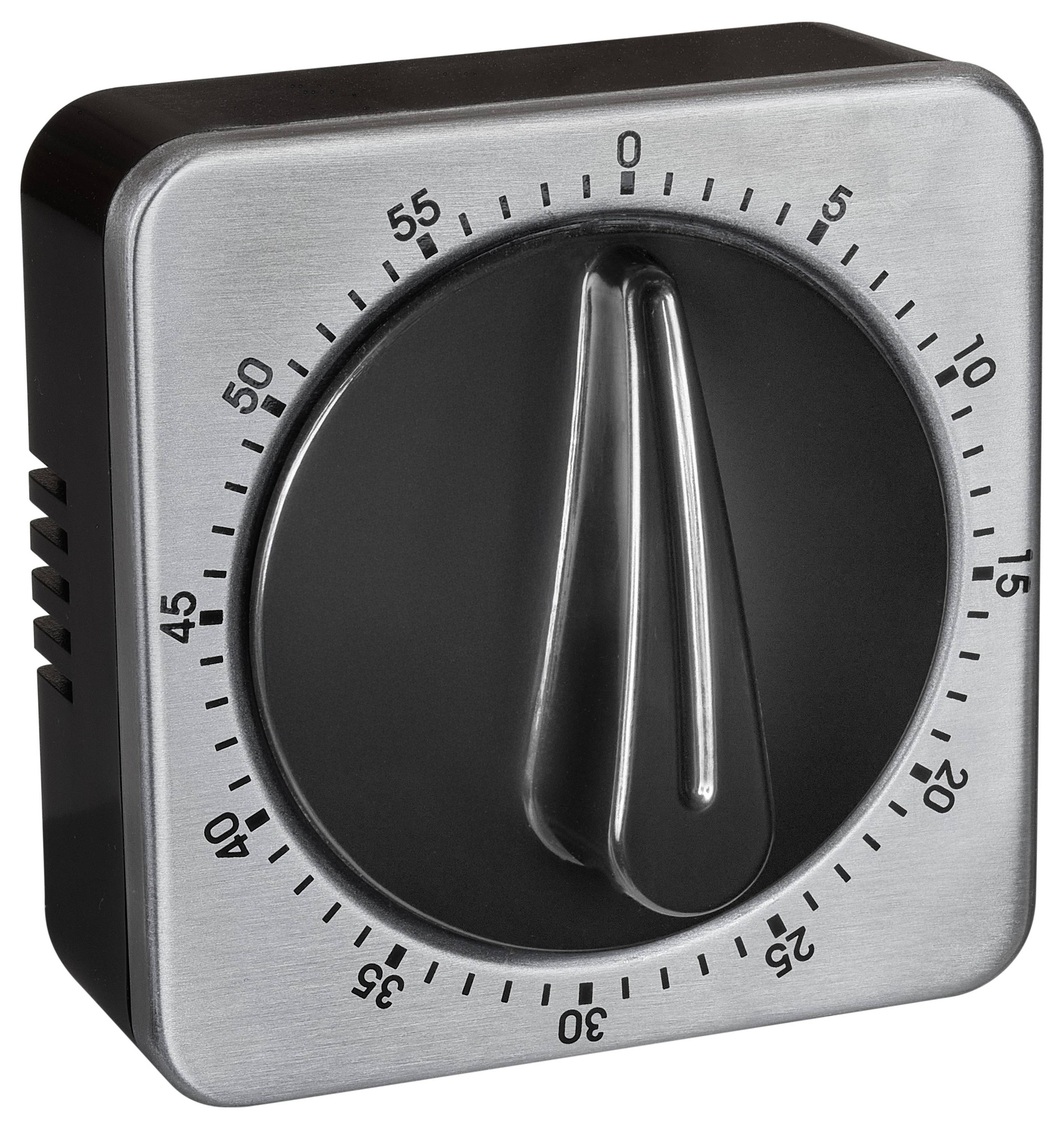 Close-up of a dial timer switch with a brushed metal face, black knob, and numbered scale from 0 to 55 minutes.