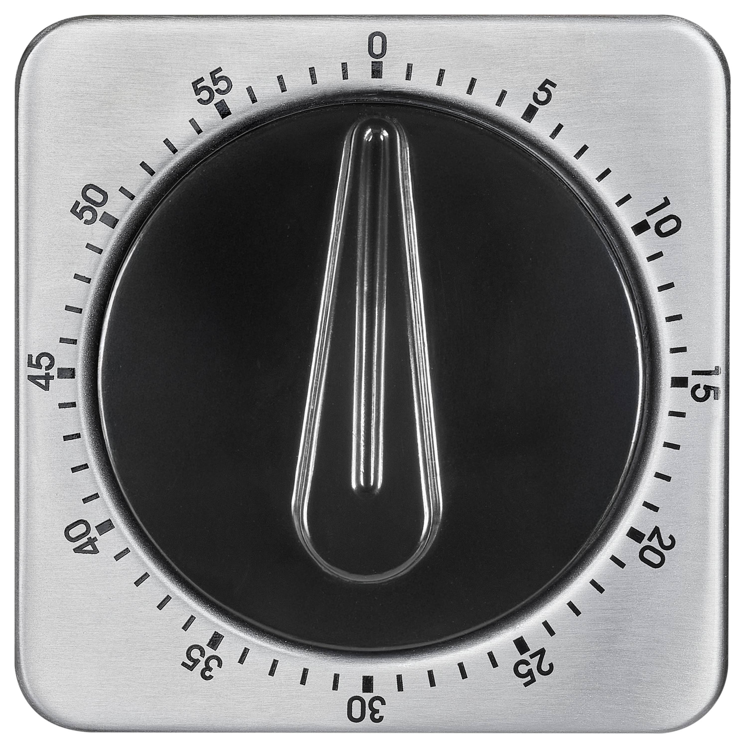 Close-up of a kitchen timer dial set at 0 minutes, with minute markings from 0 to 55 on a silver square face.