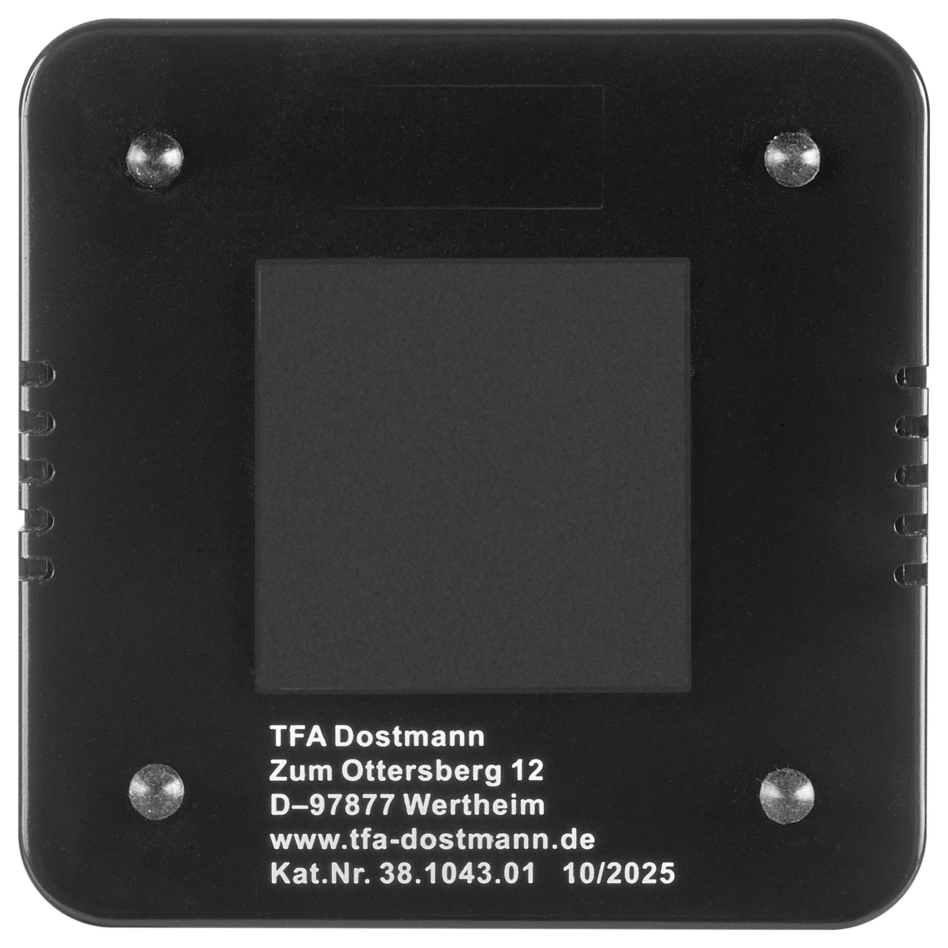 Black TFA Dostmann square device with blank display and printed address label, likely a wall-mounted temperature or weather instrument.