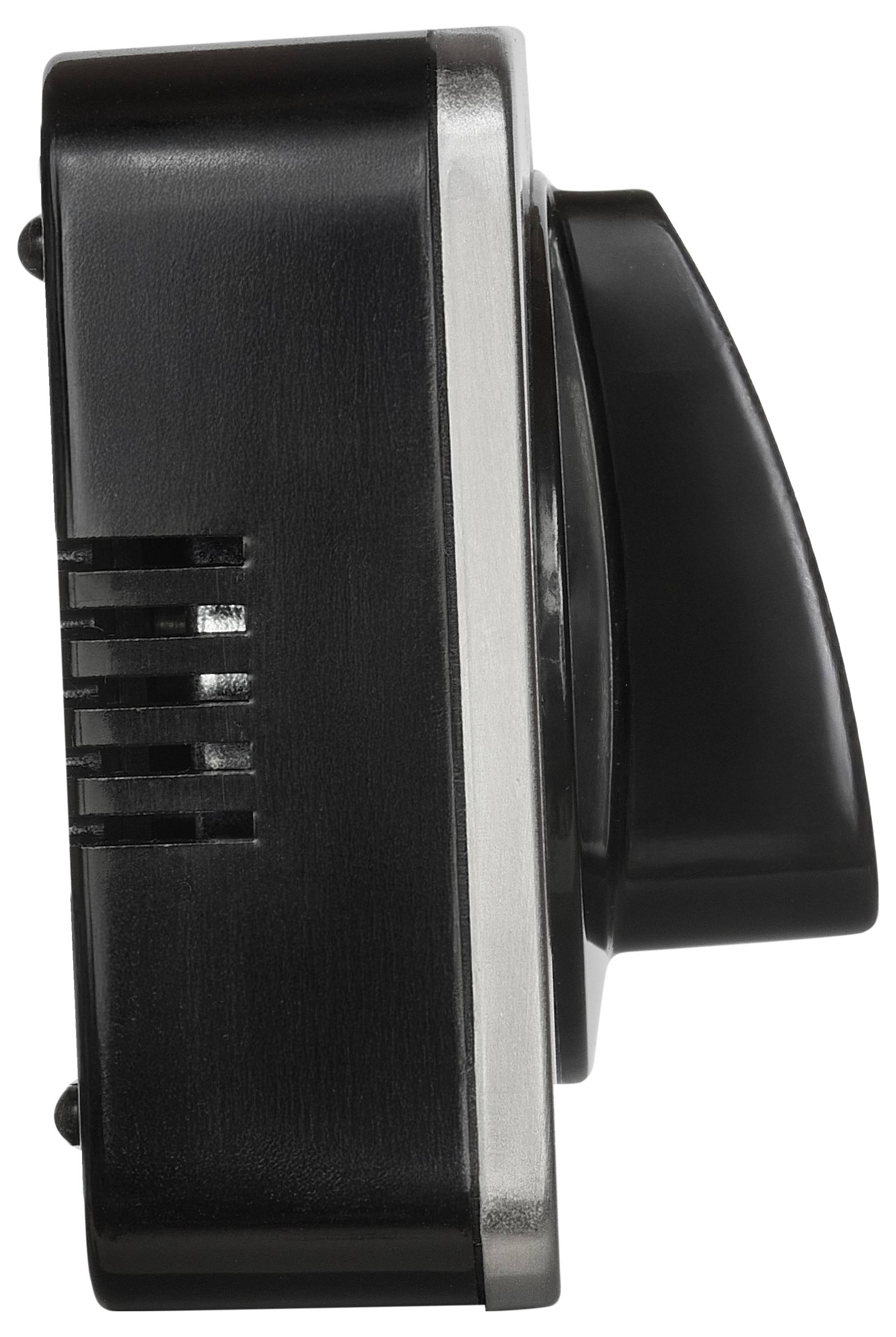 Black wall-mounted device or sensor shown in side view, with vented front panel and protruding rounded cover on a white background.