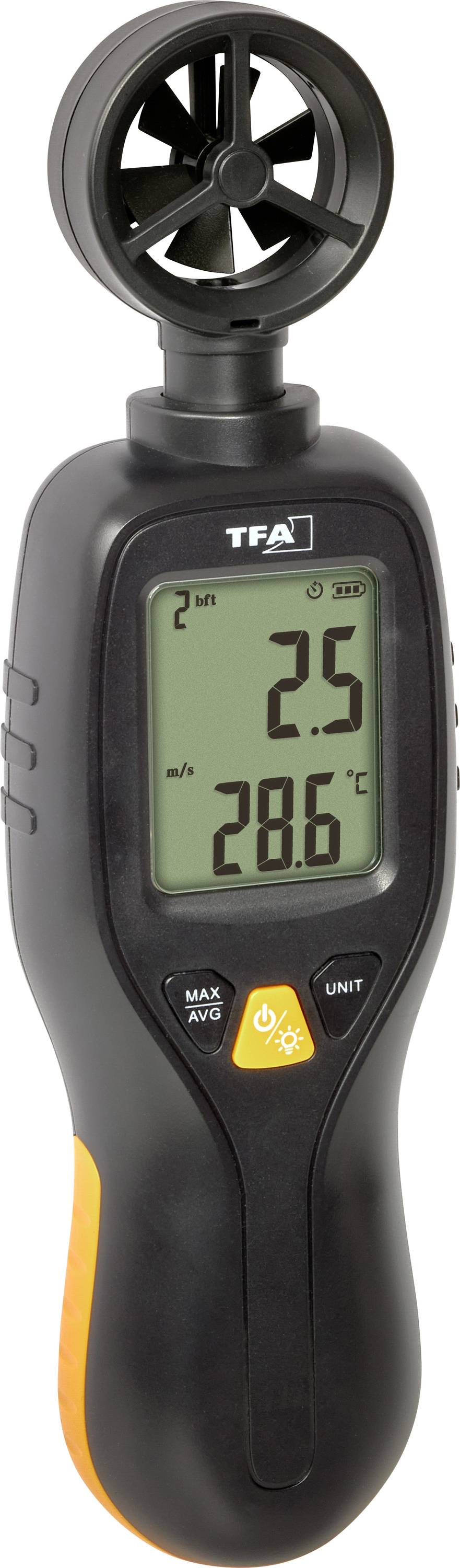 Anémomètre TFA portatif avec capteur à hélice, affichant une vitesse du vent de 2,5 m/s et une température de 28,6°C sur l'écran.