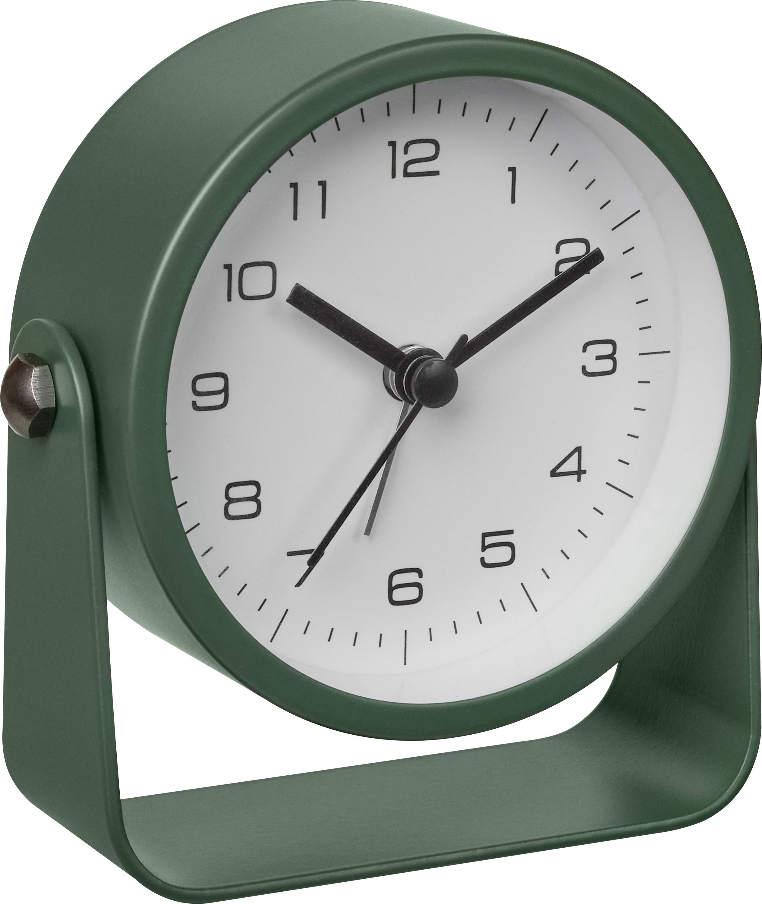 Réveil analogique vert avec cadran blanc et aiguilles noires sur un support, affichant environ 10h10.