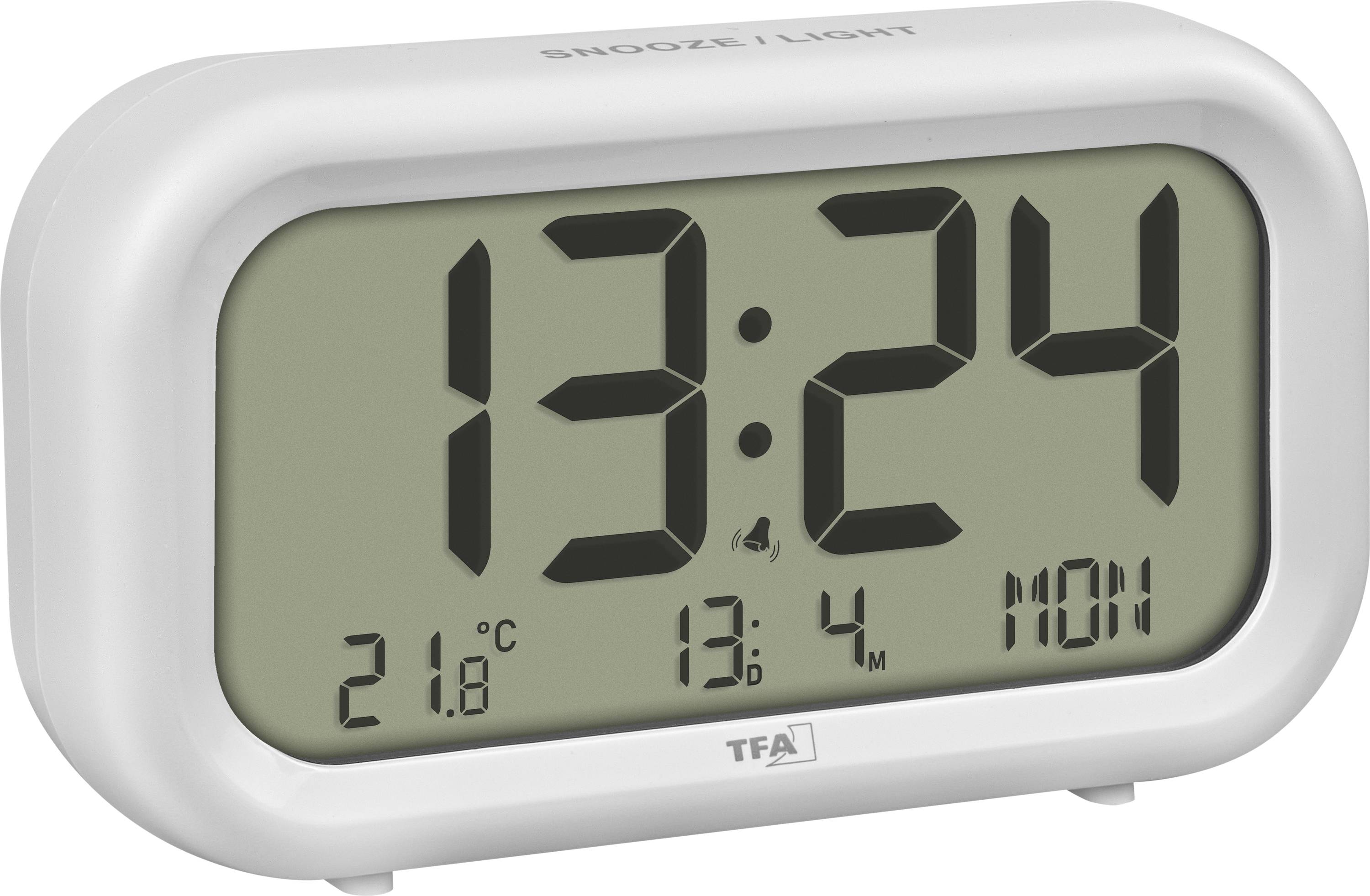 Réveil numérique blanc affichant 13:24, avec 21,8°C et la date 13.4 lun sur l'écran.