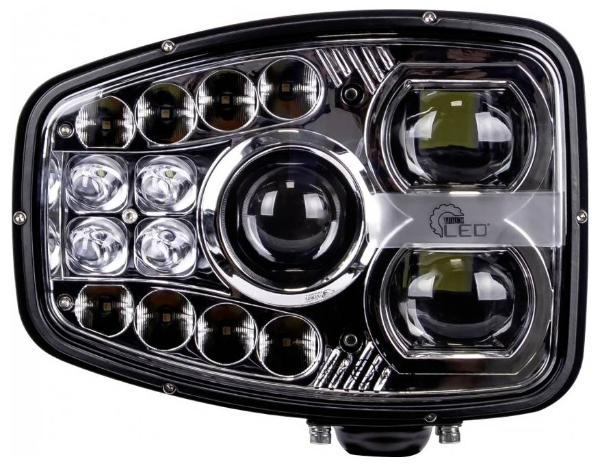 Black automotive LED headlight assembly with multiple projector and reflector lenses, shown front-facing on a white background.