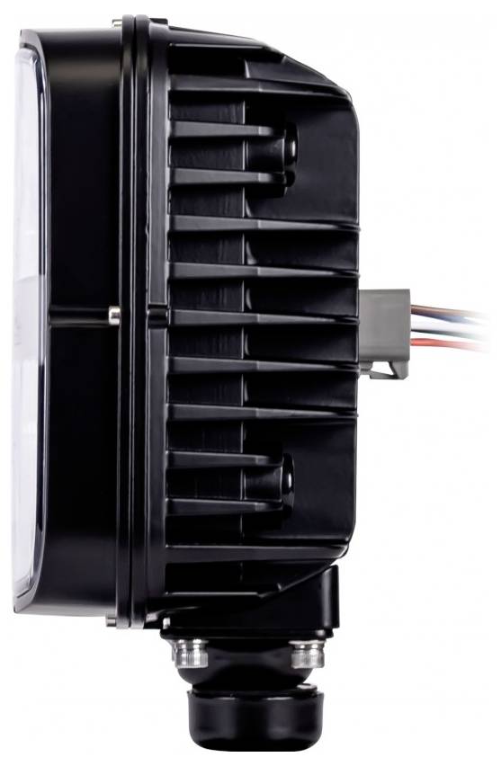 Schwarzes Automobil-LED-Licht oder Scheinwerfermodul in Seitenansicht mit Kühlrippen und angeschlossenem Steckverbinder.
