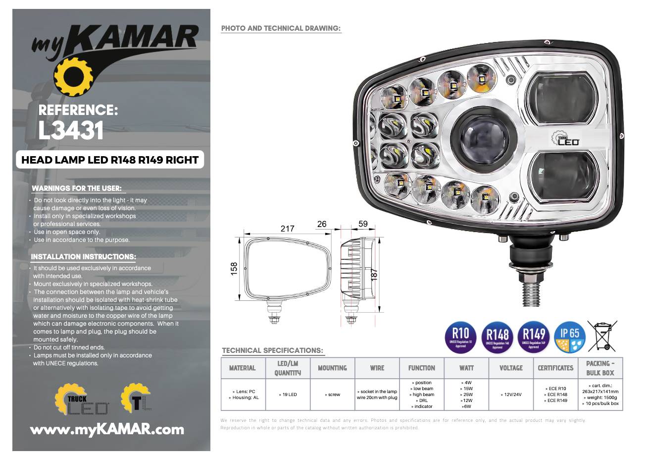 Fiche produit pour phare LED droit myKAMAR L3431 R148/R149, présentant la photo du phare, les dimensions, les spécifications et les avertissements d'installation.