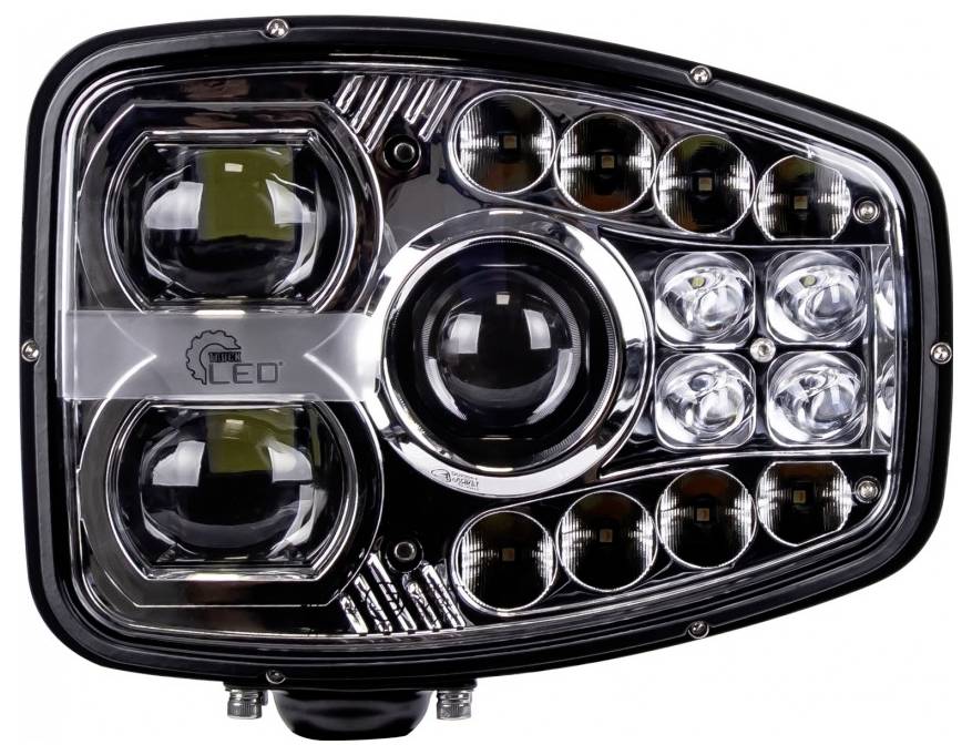 Schwarze LED-Scheinwerfereinheit mit zentraler Projektorlinse, zwei großen seitlichen Reflektoren und mehreren kleineren Akzentleuchten in einem rechteckigen Gehäuse.