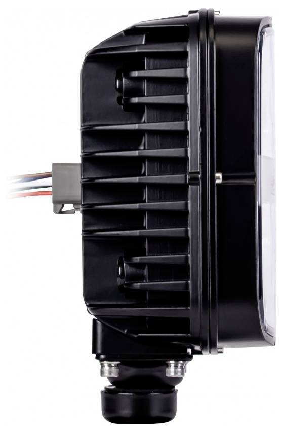 Black cylindrical LED work light with cooling fins, side wiring, and mounting base shown in profile on a white background.
