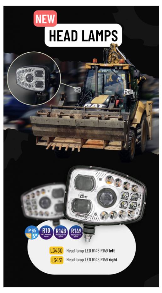 Werbeplakatfür neue Scheinwerfer, zeigt einen Radlader und Nahaufnahmen von LED-Scheinwerfer-Produkten mit der Bezeichnung L3430 links und L3431 rechts, mit IP65-, R10-, R148- und R149-Symbolen.
