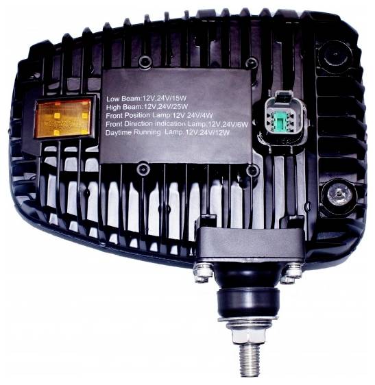 Rear view of a vehicle headlight assembly showing mounting hardware, wiring connector, and labeled beam and lamp specifications.