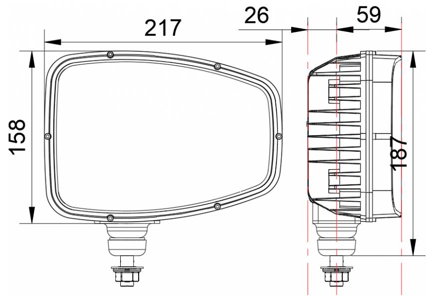 Technische Maßstabzeichnung eines rechteckigen Fahrzeugspiegels, dargestellt in Vorder- und Seitenansicht mit Abmessungen von 217, 158, 26, 59 und 187 mm.