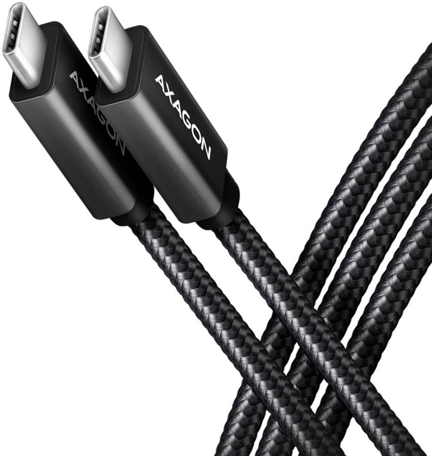 Zwei schwarze geflochtene USB-C-Ladekabel mit AXAGON-Steckern, die sich auf weißem Hintergrund kreuzen.