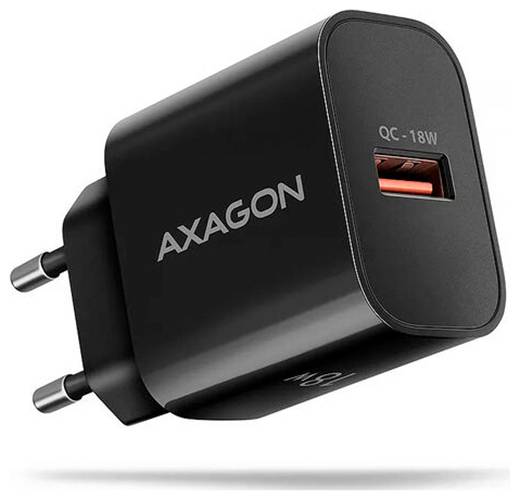 Chargeur mural USB Axagon QC-18W noir avec fiche EU et un port USB orange.
