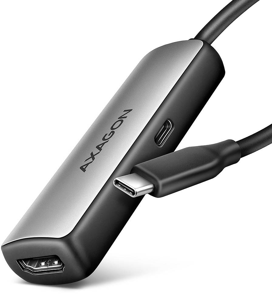 Axagon USB-C-Hub-Adapter mit HDMI- und USB-C-Anschlüssen, gezeigt mit angeschlossenem Kabel auf weißem Hintergrund.