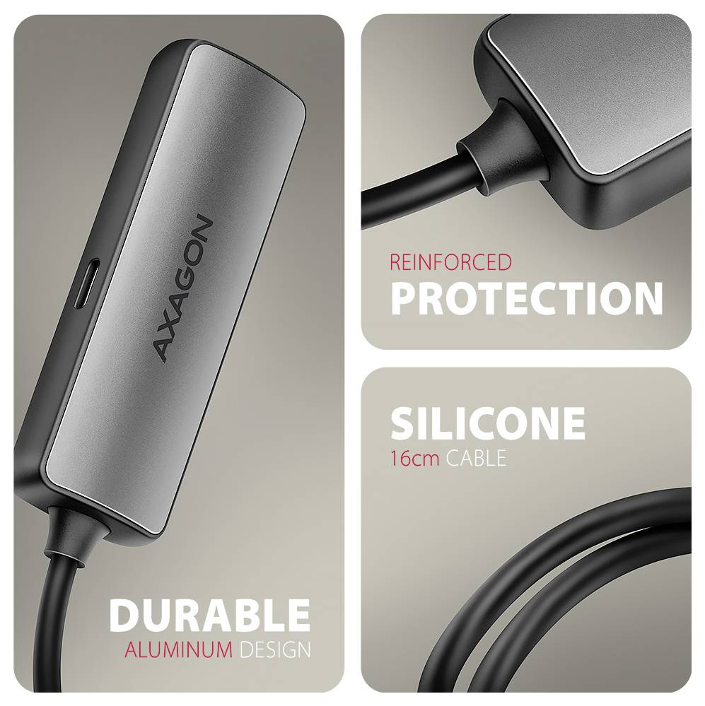 Produktanzeige mit einem AXXAGON USB-C-Kabel mit langlebarem Aluminium-Design, verstärktem Schutz und 16 cm Silikon-Kabel.