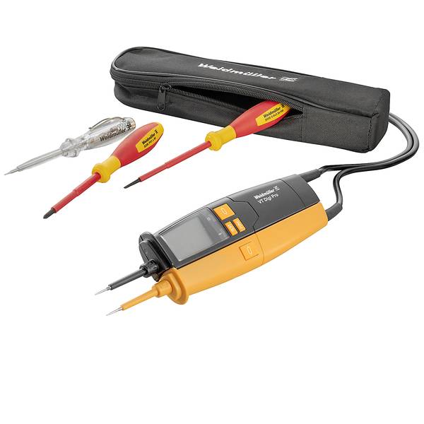 Ensemble d'outils de test électrique dans un étui de transport noir, comprenant un testeur de tension numérique, deux sondes isolées et une sonde de tournevis à manche transparent.