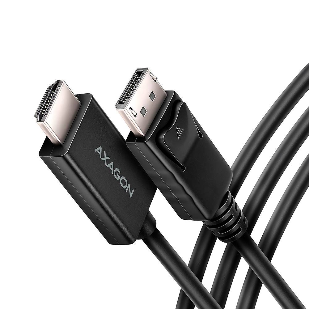 Nahaufnahme von zwei AXAGON DisplayPort-Kabeln mit schwarzen Steckern und geflochtenen Kabeln auf weißem Hintergrund.