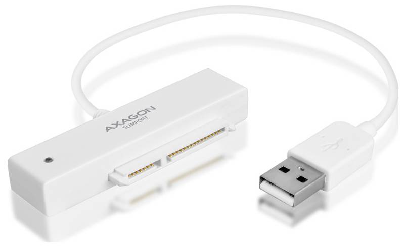Câble adaptateur USB vers SATA avec logo AXAGON, montrant une boîte de connecteur blanche et une prise USB sur fond blanc.