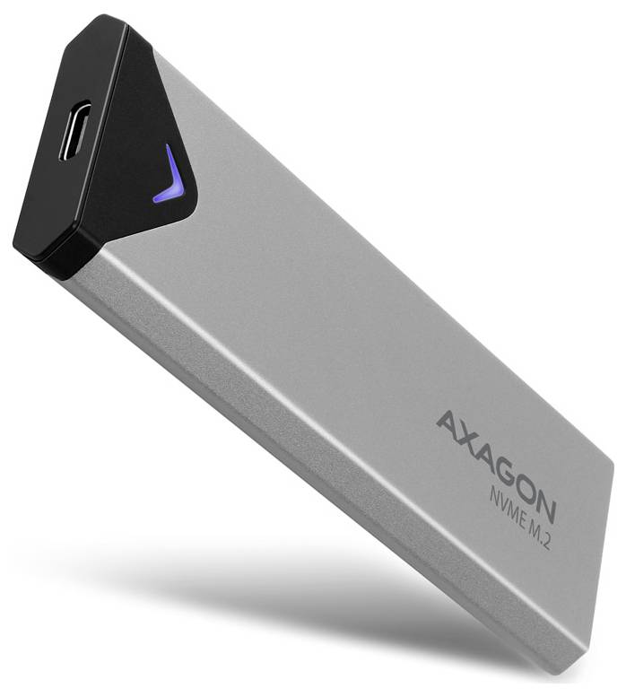 Silver AXAGON NVMe M.2 USB-C external SSD enclosure shown at an angle, with a black end cap and blue status light.