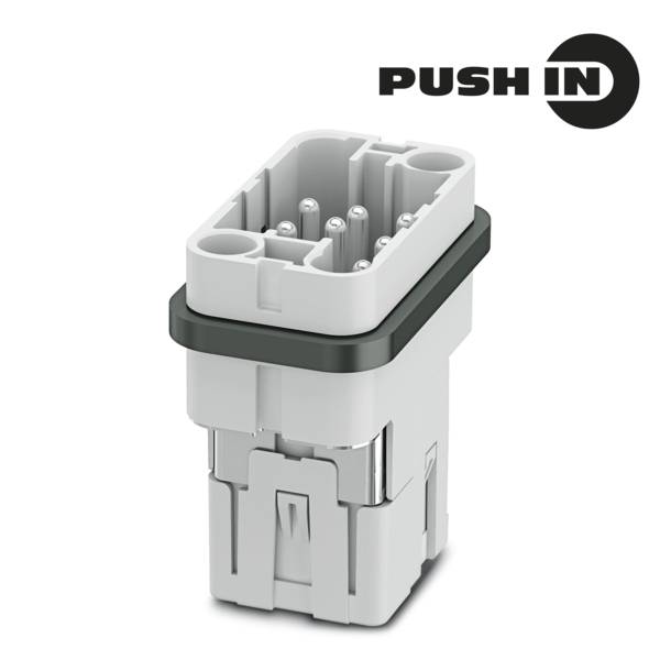 3D product image of a rectangular industrial push-in electrical connector, with 'PUSH IN' text at top right on a white background.