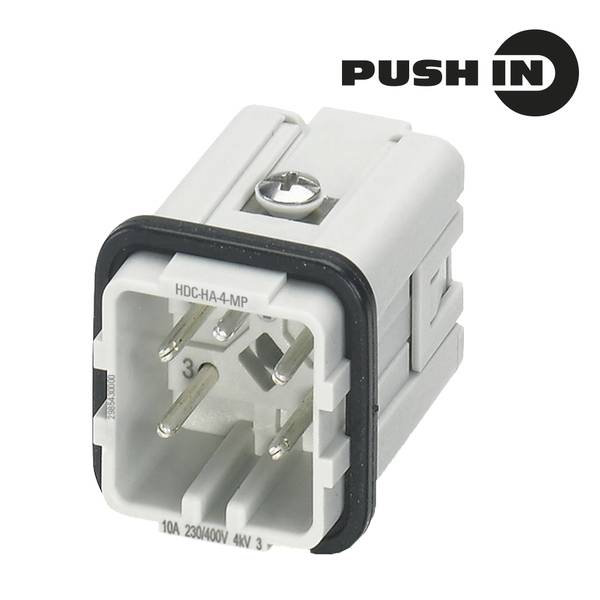 Close-up of a white industrial electrical connector labeled 'PUSH IN' with metal pins and a screw terminal on a plain background.